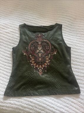 Olive Green Embossed Sleeveless Tank with Ornamental Applique